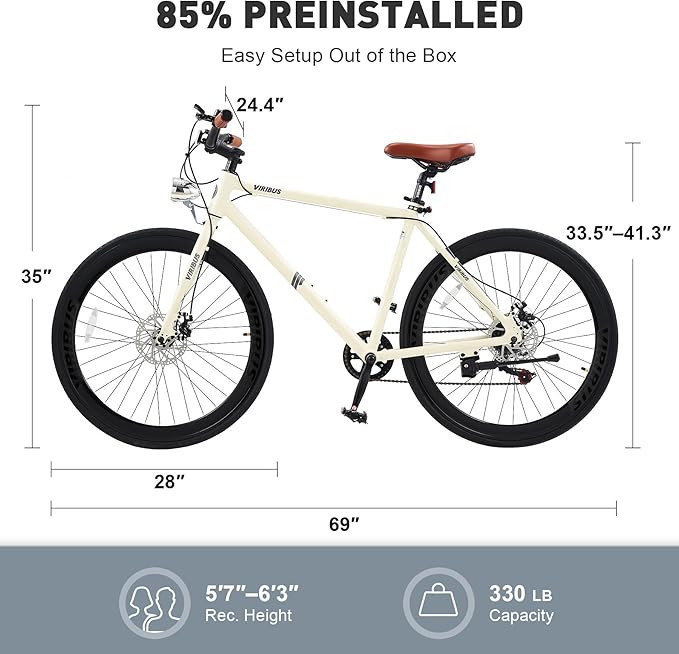 VIRIBUS Hybrid Bikes, 28 inch Mens Hybrid Bicycle 7 Speed with Lightweight Aluminum Frame & Disc Brakes, 700C Retro Vintage Adult Bike for Tall Men & City Commuters, 85% Pre-Assembled