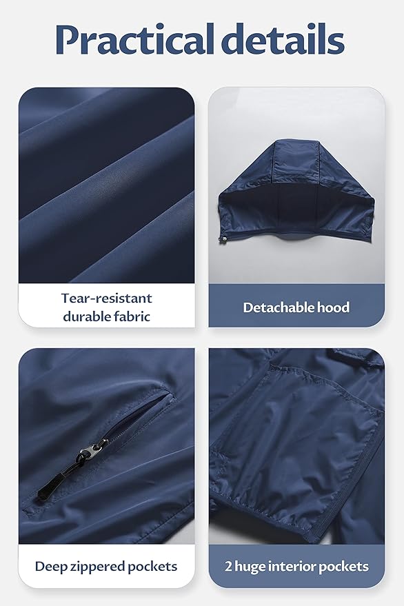 CREATMO US Men's Packable Waterproof Running Rain Coats Reflective Cycling Jacket Windbreaker With Removable Hood