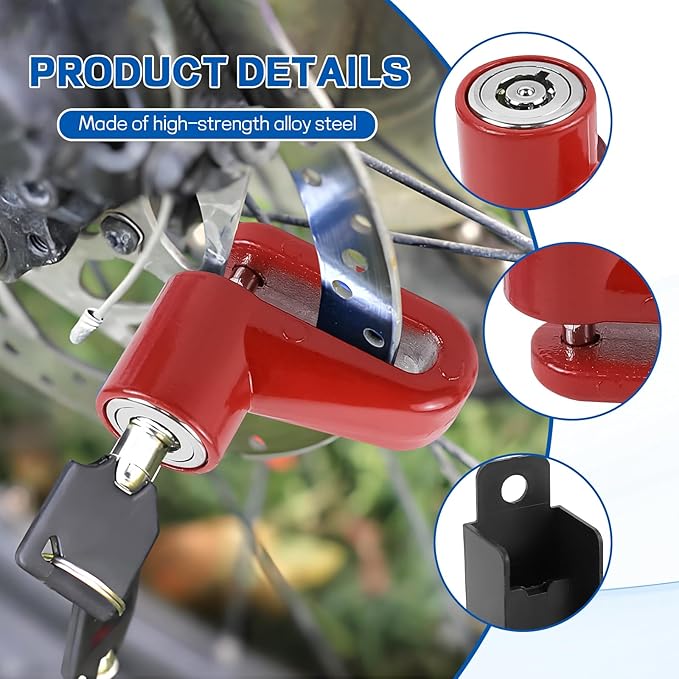 Motorcycle Disc Brake Lock, Anti-Theft Motorbike Security Wheel Disc Brake Lock with Two Keys, Safety Wheel Disk Locks for Scooter Mountain Road Bike Bicycle Powersports (Red with Bracket)