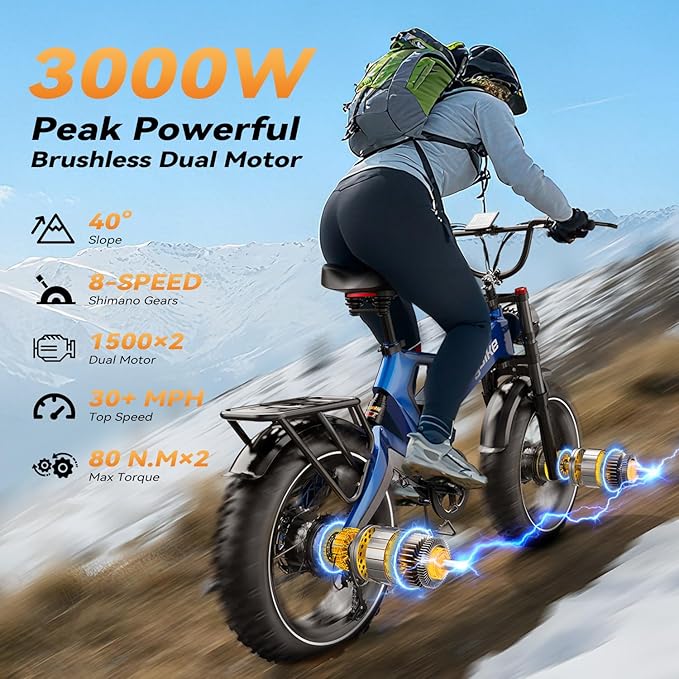 2000W/3000W Peak Motor Electric Bike for Adults, 48V/52V 25AH/30AH Battery Full Suspension Foldable Ebike, 20"x4.0" Fat Tires 35MPH Dirt Bike, 100/120 Miles Hydraulic Brake Magnesium Alloy Motorcycle