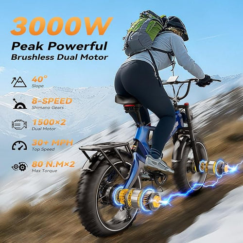 2000W/3000W Peak Motor Electric Bike for Adults, 48V/52V 25AH/30AH Battery Full Suspension Foldable Ebike, 20"x4.0" Fat Tires 35MPH Dirt Bike, 100/120 Miles Hydraulic Brake Magnesium Alloy Motorcycle