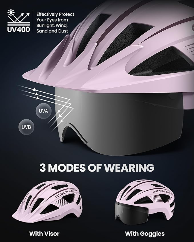 OutdoorMaster Adult Bike Helmet - Bicycle Helmet with Rechargeable Rear LED Light, Detachable Magnetic Goggles, Removable Sun Visor - Suitable for Commuting and Cycling for Men and Women
