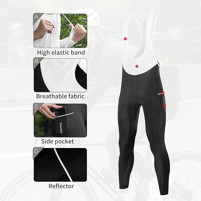 Santic Men's Winter Fleece Pro Cycling Bib Pants 4D Padded Thermal Cold Weather Bike Riding Pants with Pockets
