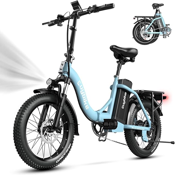 Folding Electric Bike for Adults, 30+MPH Max Speed Foldable Ebike with 48V 20AH Removable Battery, 20" Fat Tire 1000W Peak Motor, 80+Miles Commute Bicycle Blue with Colourful LCD Display