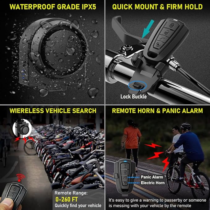 Wireless Remote Bike Alarm: 115dB Super Loud Bicycle Vibration Motion Sensor Siren Anti Theft Security System Motorcycle Alarm Waterproof USB-C Rechargeable Multipurpose Vehicle Alert Device
