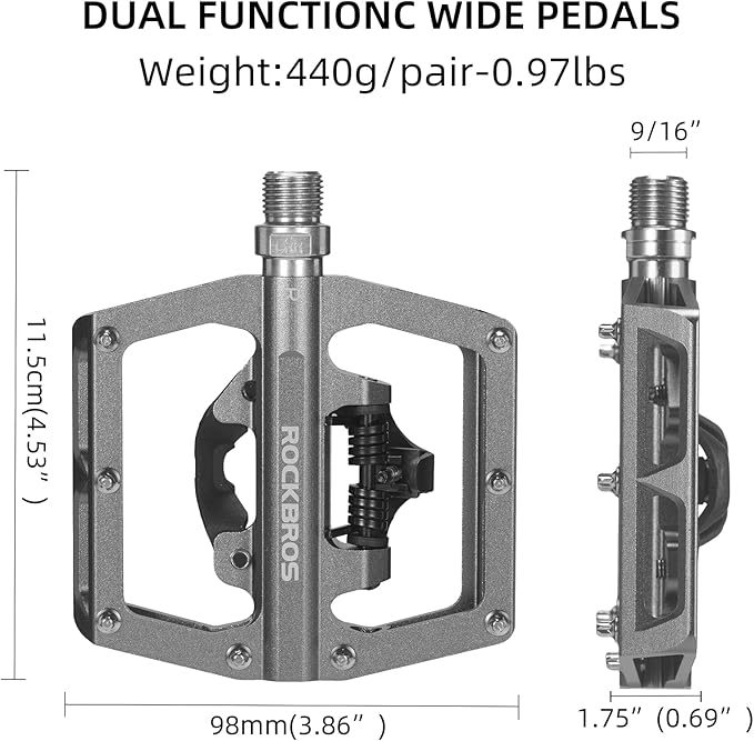 ROCKBROS MTB Mountain Bike Pedals Compatible with SPD Mountain Bike Dual Function Sealed Clipless Aluminum Bicycle Flat Platform 9/16" Pedals with Cleats for Road, MTB, Mountain Bikes