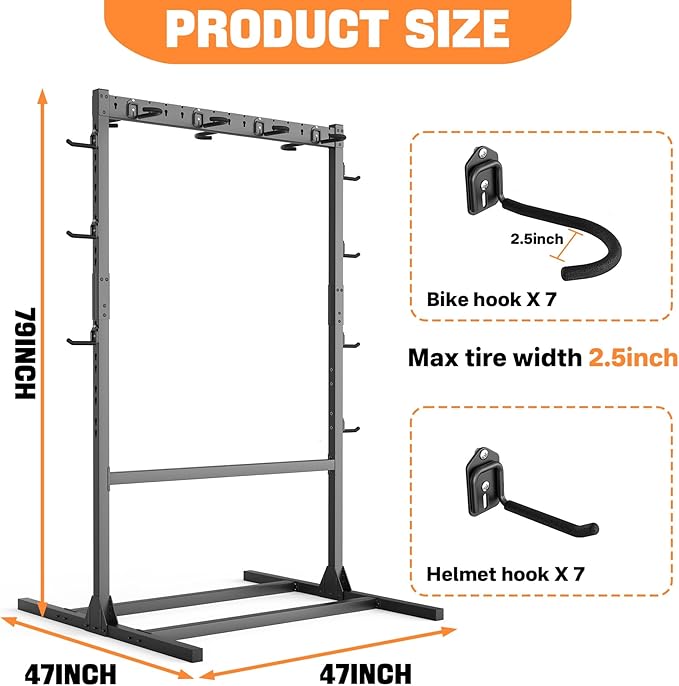 TORACK Freestanding Bike Storage Stand for Garage, Heavy Duty 7 Bikes and 7 Helmets Vertical Bike Storage Stand Floor Bikes Storage Rack