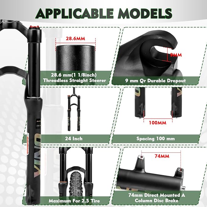 BUCKLOS YINO 24 inch MTB Air Suspension Fork 120mm Travel, QR 9mm/100 * 15mm Thru Axle Disc Brake, 1-1/8" Straight Tube Manual Lockout XC AM Ultralight Mountain Bike Front Forks