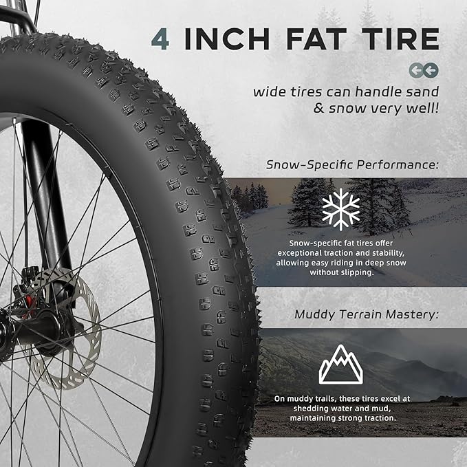 Outroad Fat Tire Mountain Bike with 26 inch Wheels, 21 Speed with High Carbon Steel Frame, Double Disc Brake and Front Suspension Anti-Slip Bikes