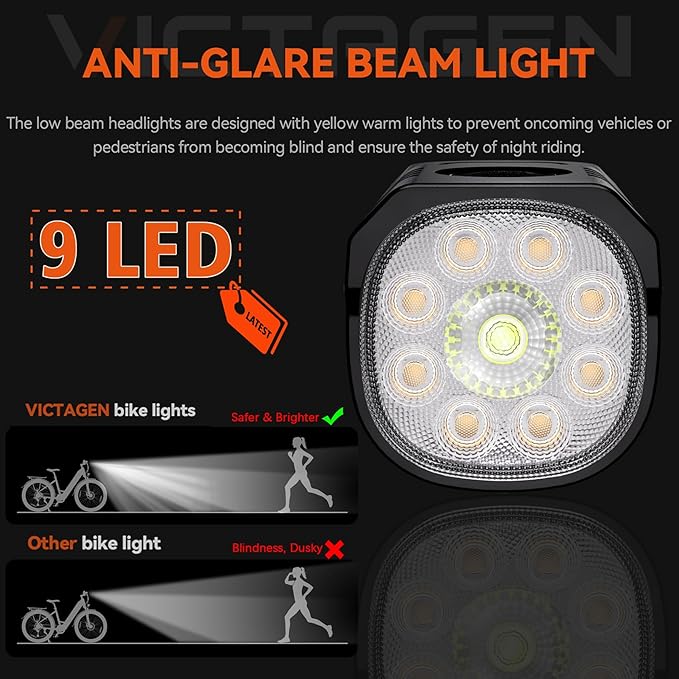 Bike Lights Kit 9LED Bike Headlights High & Low Beams, Ultra-Light and Bright Bicycle Lights, Waterproof Bike Lights for Night Riding, USB-C Bicycle Front and Rear Lights