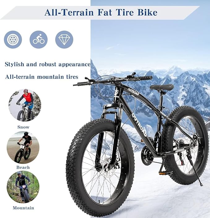 Outroad Fat Tire Mountain Bike with 26 inch Wheels, 21 Speed with High Carbon Steel Frame, Double Disc Brake and Front Suspension Anti-Slip Bikes