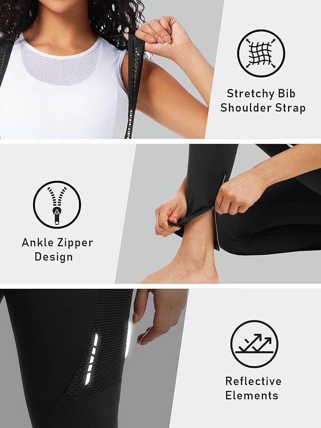qualidyne Women's Thermal Fleece 4D Padded Cycling Bib Tights with Pockets, Ankle Zips, Full-Length for Cold Weather