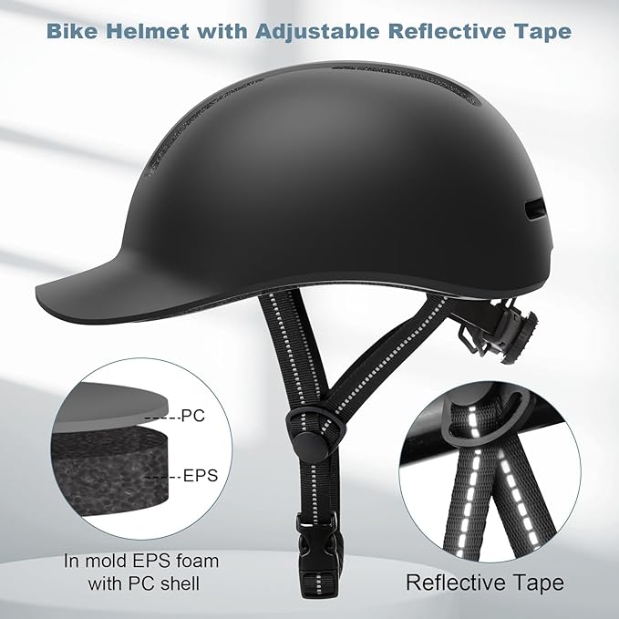 Shinmax Bike Helmet - Lightweight Adjustable Baseball Cap Style Cycling Helmet with Long Visor, Reflective Strip, for Urban Commuter, Mountain & Road Biking