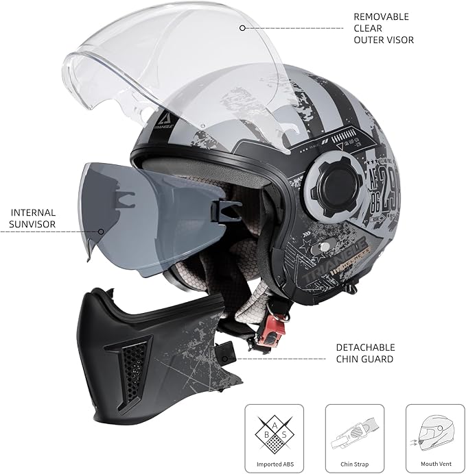 TRIANGLE Full Face Motorcycle Helmets,Off-Road Motocross Helmet for Men & Women,Dual Visor with Internal Tinted Sunshield,Open Face 3/4 Adult Racing Helmet DOT Approved(XXL)
