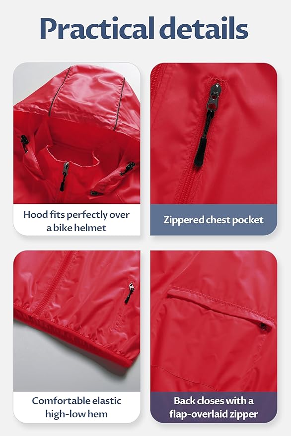 CREATMO US Men's Packable Waterproof Running Rain Coats Reflective Cycling Jacket Windbreaker With Removable Hood