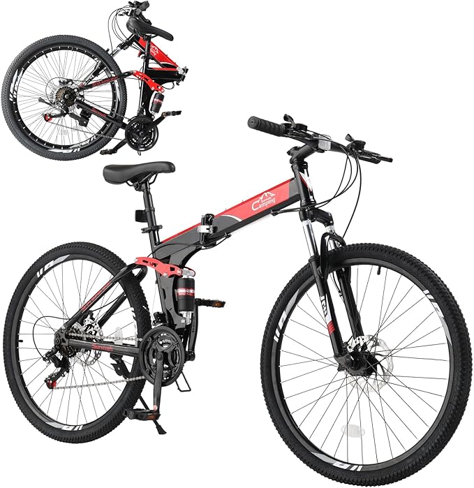 24/26/27.5 Inch Foldable Bikes for Adults 21 Speed Mountain Bike, Adult Bicycle with High Carbon Steel Frame, Full Suspension, Dual Disc Brake & Adjustable Ergonomic Seat(Black/Red)