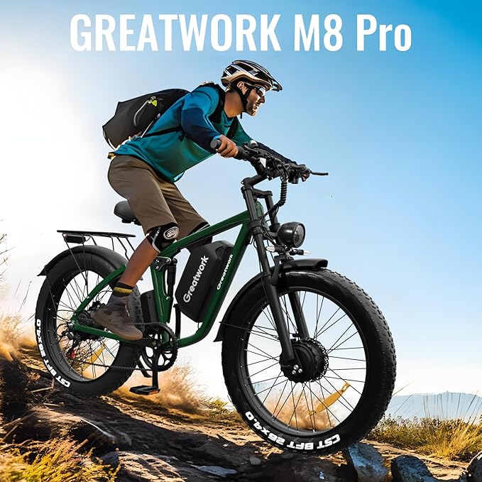 GREATWORK 52V 5000W Peak Dual Motor Electric Bike for Adults, 1300Wh Battery, Up to 45MPH & 100 Miles Range, 26" x 4.0 Fat Tire Electric Dirt Bike with Suspension, Mountain E-Bike for Men Women
