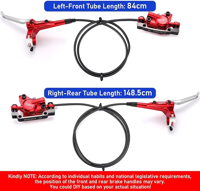 TOBWOLF 1 Pair Hydraulic Bike Brakes Set, Dual Piston Mountain Bike Hydraulic Brakes Left Front 810mm & Right Rear 1470mm, MTB Disc Brake Set for Mountain, Road Bicycle & Ebike