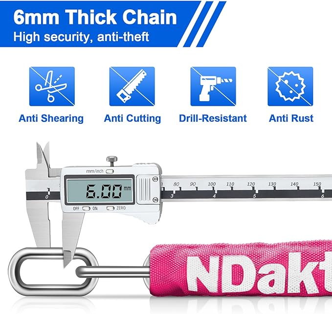 NDakter Bike Lock, 5 Digit Combination Heavy Duty Anti Theft Bicycle Chain Lock, 2.62/3.2/4.27/5/6Ft Long, High Security Resettable, Suitable for Bike, Scooter, Door, Gate, Fence-4/6mm Thick