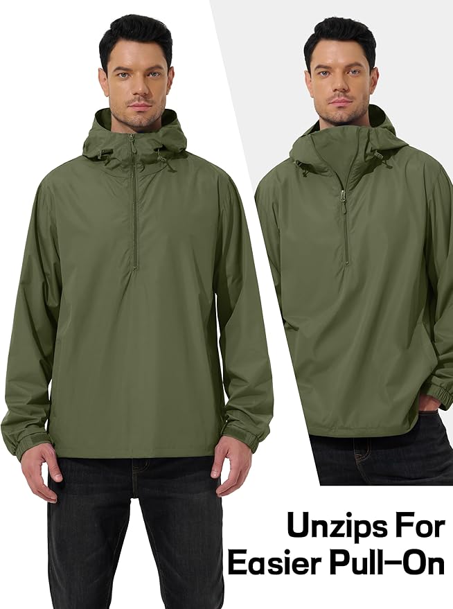 Men's Pullover Rain Jacket Waterproof Windbreaker Lightweight Packable Raincoat for Cycling Running Hiking Golf