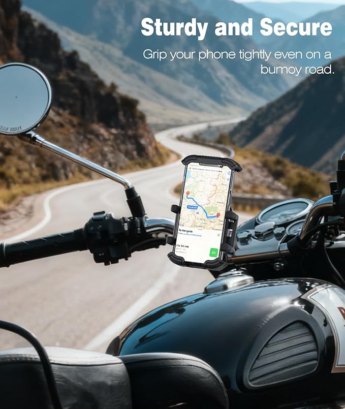 Motorcycle Phone Mount Holder - [Dual Vibration Dampener] [Upgrade Handlebar Clip] Motorcycle Cell Phone Holder, Bike Phone Mount (Black)
