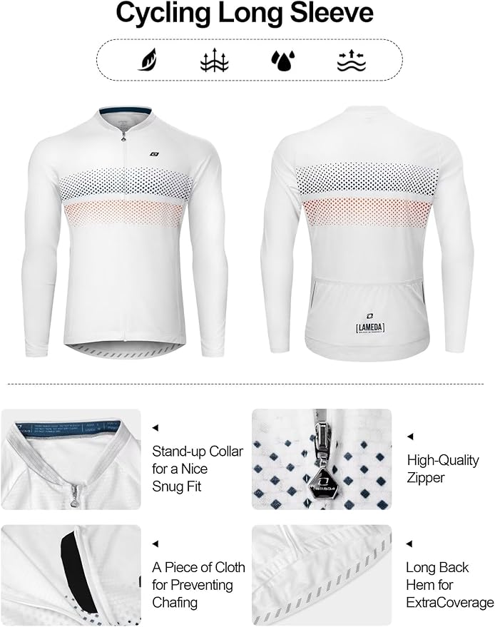 LAMEDA Men's Cycling Jersey Long Sleeve, Breathable Moisture Wicking Bike Shirt, Lightweight Biking Shirt with 3 Rear Pockets