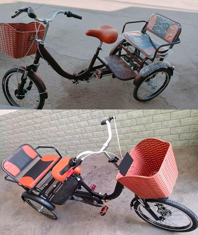 20 inch Folding Tricycle, Outdoor Cruiser Bikes with Passenger seat, 3 Wheel Bike, Large Pedal Tricycles with Inflatable Wheel, Tandem Bicycle, Ride-on trikes for s,Wine Red 20inch