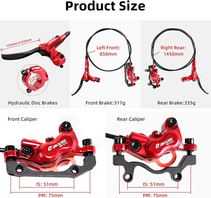 Z00M HB876 4-Pistons Hydraulic Disc Brake Set, MTB Hydraulic Brakes Left Front 850mm Mountain Bike Brakes Bicycle Disc Brake for eBike, Mountain Bike, Road Bike, Fat Bike(Pre-Bled)