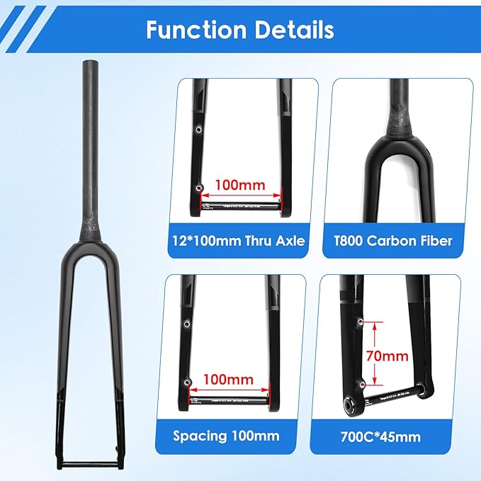 700C Carbon Fiber MTB Front Fork, Road Bike Fork Disc Brake, Thru Axle 12mm*100mm, Gravel Fork Tapered Tube Superlight Mountain Bike Front Forks