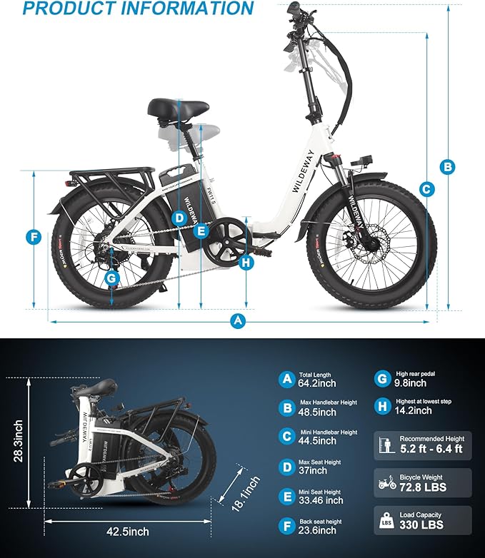 Wildeway Folding Electric Bike for Adults with 32Ah Battery Long Range 750W Motor 28MPH, 20"x 3.0"Fat Tire Foldable EBike, Urban City Commuter Men Women Bicycle 7 Speed Gear