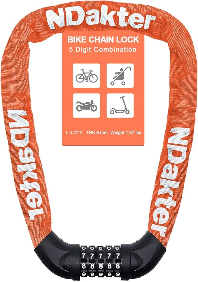 NDakter Bike Lock, 5 Digit Combination Heavy Duty Anti Theft Bicycle Chain Lock, 2.62/3.2/4.27/5/6Ft Long, High Security Resettable, Suitable for Bike, Scooter, Door, Gate, Fence-4/6mm Thick