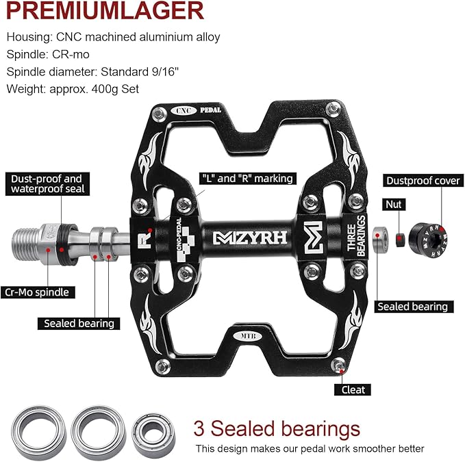 MZYRH Mountain Bike Pedals,3 Bearings Bicycle Pedals,Aluminum 9/16" MTB Pedals Bicycle Flat Pedals for Road Mountain BMX MTB Bike