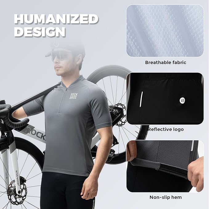ROCKBROS Men's Cycling Jersey Short Sleeve Road Bike Shirt with 3 Rear Pockets Breathable Quick Dry Bicycle Shirt