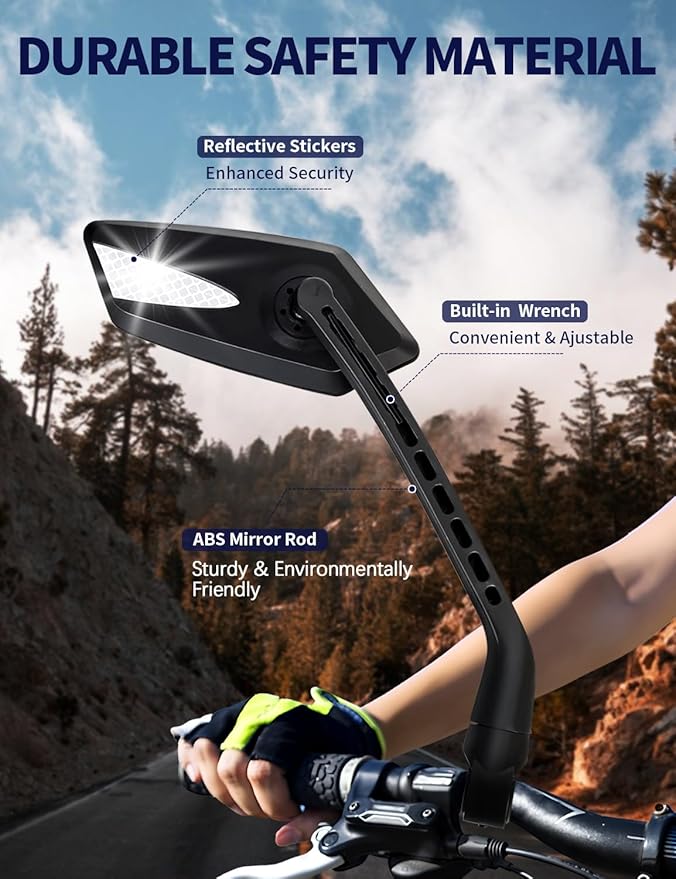 2 Pack Anti-Glare Convex Handlebar Bike Mirror with 2 Reflective Stickers, Wide Angle UHD Rearview Glass, Safe Universal Accessories for Bicycle Ebike Scooter Motorcycle Snowbike