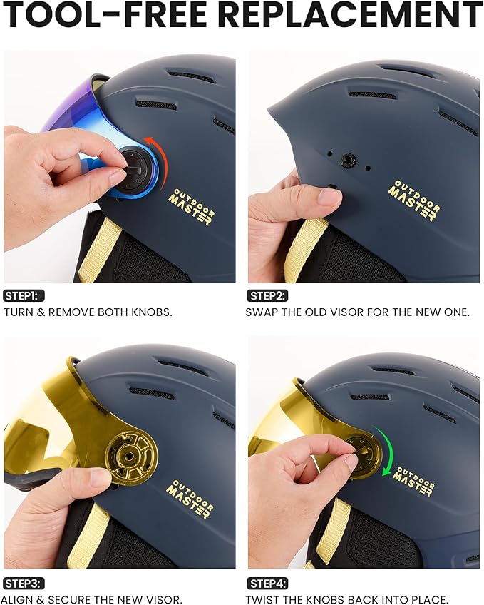 OutdoorMaster Replacement Visor for 2-in-1 Ski Helmets - Anti-Fog, UV Protection Lens - VLT 78% Polarized Yellow Lens