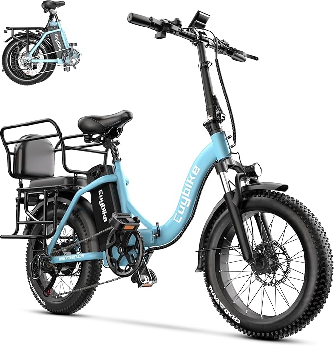 Folding Electric Bike for Adults with Peak 1000W Motor, 48V 20AH Battery up to 30MPH 80 Miles, 20" Fat Tire All Terrain Ebike, 7-Speed Commuter E Bike Blue with Safety Seat, Step-Thru, UL Certified