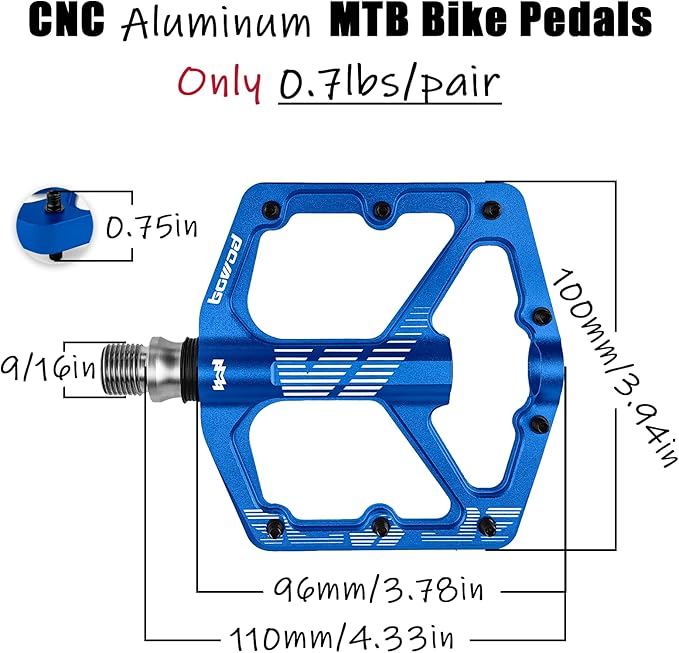 MTB Pedals Flat, Gravel Bike Pedals Flat, Light CNC Aluminum Alloy Platform Pedal w 3 Bearings Cr-Mo Spindle, Grippy Bicycle Pedals w 16pcs Pins, Mountain Bike Pedals Adult Child BMX Bike 9/16"