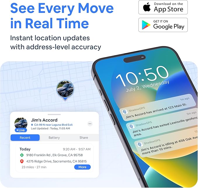 GPS Tracker with Magnetic Mount for Vehicles – Real Time Car Tracker with Trip History, Driving Alerts, GeoFence for Fleets & Family – 14 Days Trial, Rechargeable Battery (ShadowTrack with Case)