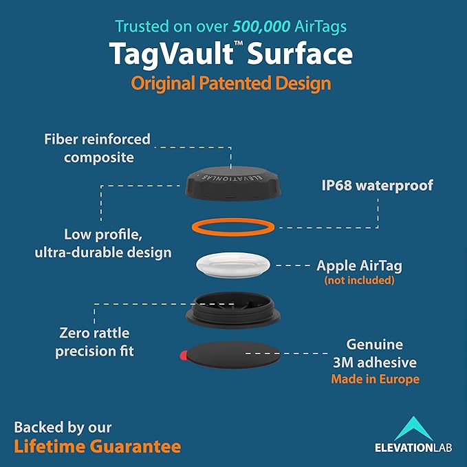 Elevation Lab AirTag Adhesive Mount (4 Pack) - TagVault™ - The First Waterproof AirTag Stick-On Holder | 3M VHB, Indestructible, Screw-On Design, Find Your Bike, Car, & More