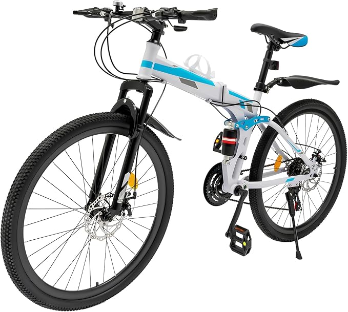 Gdrasuya10 26" Professional Mountain Folding Bike 21-Speed High Gears Foldable Mountain Bicycle Carbon Steel Lightweight Folding Bike for Women and Men,Front Rear Disc Brakes(Blue&White)