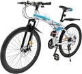Gdrasuya10 26" Professional Mountain Folding Bike 21-Speed High Gears Foldable Mountain Bicycle Carbon Steel Lightweight Folding Bike for Women and Men,Front Rear Disc Brakes(Blue&White)