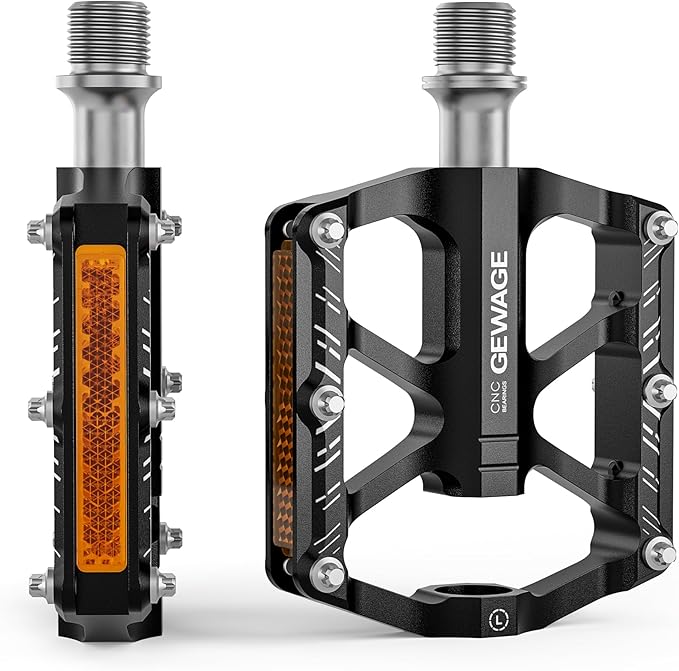 Mountain Bike Pedals - 3 Bearings Bicycle Pedals with Reflectors - 9/16” CNC Machined Flat Pedals with Removable Anti-Skid Nails for Road Mountain BMX MTB Bike