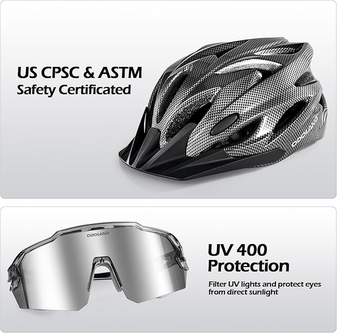 Odoland Adult Bike Helmet and Cycling Sunglasses Set for Men & Women, Safety Certified Bicycle Helmet with UV Protection Glasses for Mountain, Skating, Road, City Commuting & Outdoor Riding