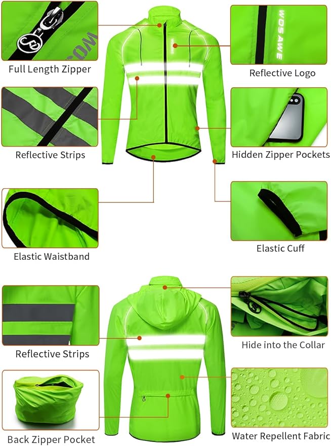 WOSAWE Packable Cycling Jacket Hooded Running Coat Lightweight Biking Windbreaker