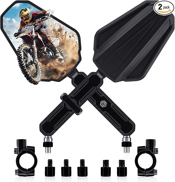 Adventure Motorcycle Mirrors - M8 M10 Black Foldable ATV Rear View Mirror, 7/8" Handlebar Side Mirrors, 360 Adjustable Ball-Head Compatible with Street Dirt Bike ATV Off-road Scooter Snowmobile
