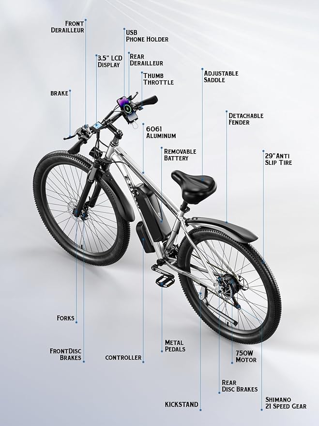 E·Bycco 34 MPH 70 Miles Long Range 1000W Electric Bike for Adults – 29" Tire 48V 17.5Ah Removable Battery, 21 Speed, Fast City Commuter Pedal Assist E-Bike for Snow Sand, E8