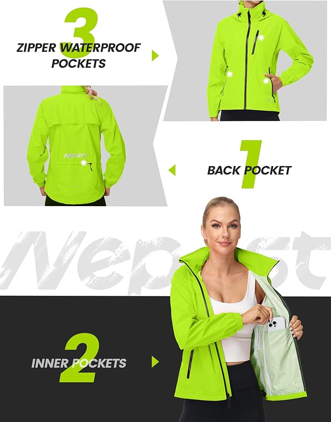 Nepest Womens Cycling Rain Jackets Lightweight Waterproof Biking Running Windbreaker UPF 50+ Reflective Packable Hooded