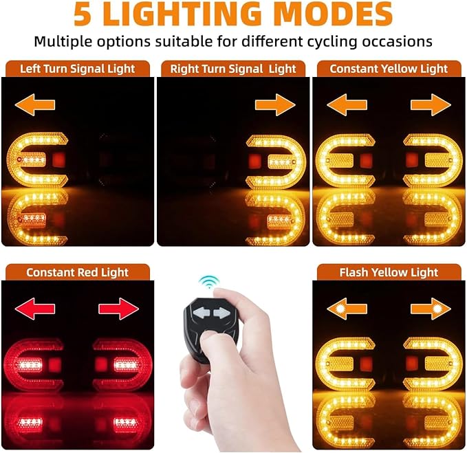 2Pcs Bike Tail Lights with Turn Signals, Wireless Remote Control USB Charging Bike Rear Light, Waterproof Split/Integrated Bicycle Lights, 5 Modes Safety Warning Turn Signals Light for Night Riding