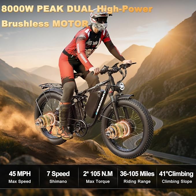 8000W Dual Motor Electric Bike for Adults 45MPH - Fast E-Bike with 52V 34Ah Battery Up to 105 Miles ,24"*4.0" Fat Tire E Bikes,Full Suspension Electric Bicycle for Snow Mountain Off-Road Commuter