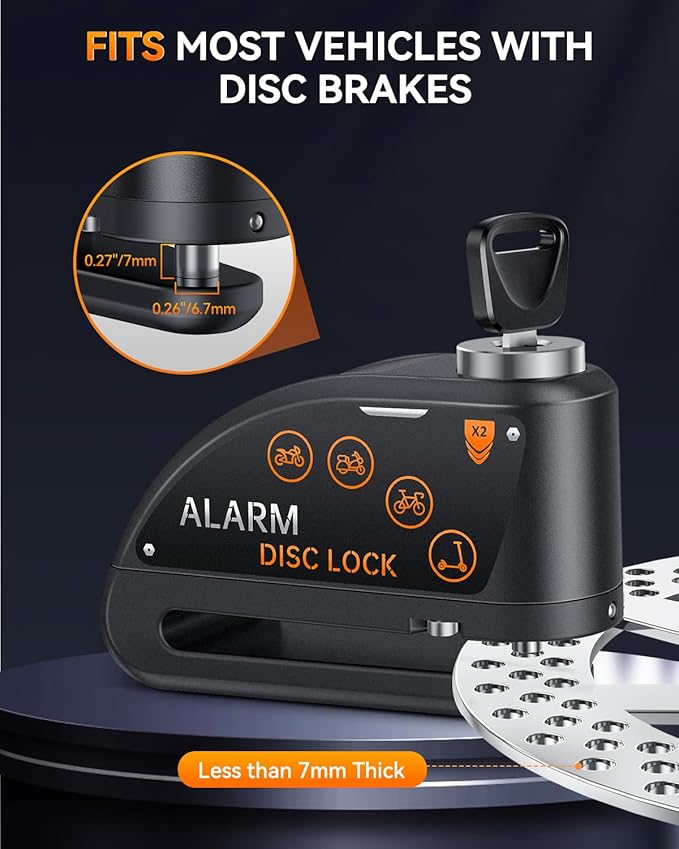 ONVIAN Motorcycle Disc Brake Lock with 120dB Alarm, Rechargeable Waterproof Motorcycle Locks Anti Theft for 7mm Motorcycle Brake Helmet Scooter Wheel Lock 5FT Reminder Cable (Black)